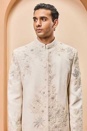 Shop_Sarab Khanijou_Ivory Silk Sequins, Pearls Matka Embridered Sherwani Set _Online_at_Aza_Fashions