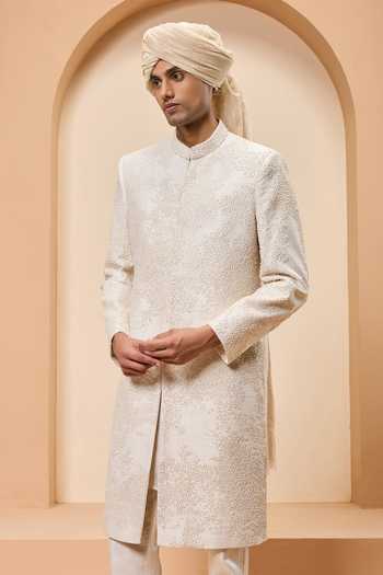 Sarab Khanijou Ivory Silk Embroidery, Pearls, Cut Work Raw Sherwani Set Online at Aza Fashions Sarab Khanijou_Ivory Silk Embroidery, Pearls, Cut Work Raw Sherwani Set _Online_at_Aza_Fashions
