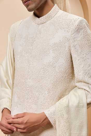 Buy Sarab Khanijou Ivory Silk Embroidery, Pearls, Cut Work Raw Sherwani Set Online at Aza Fashions Buy_Sarab Khanijou_Ivory Silk Embroidery, Pearls, Cut Work Raw Sherwani Set _Online_at_Aza_Fashions