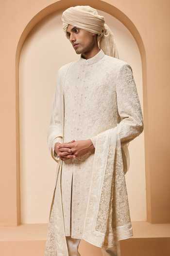 Sarab Khanijou_Ivory Silk Embroidery, Sequins, Pearls Tonal Matka Sherwani Set _Online_at_Aza_Fashions