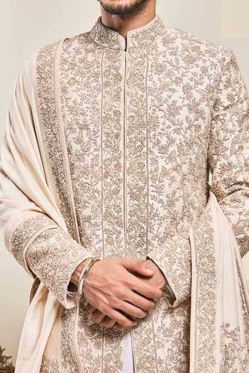 Buy_Sarab Khanijou_Pink Silk Embroidery, Sequins, Pearls, Zari Floral Raw Sherwani Set _Online_at_Aza_Fashions