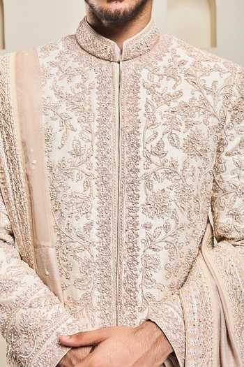 Sarab Khanijou_Pink Silk Embroidery, Sequins, Pearls, Zari Raw Sherwani Set _Online_at_Aza_Fashions