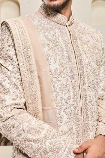 Buy_Sarab Khanijou_Pink Silk Embroidery, Sequins, Pearls, Zari Raw Sherwani Set _Online_at_Aza_Fashions