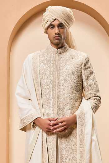 Buy_Sarab Khanijou_Ivory Silk Sequins, Pearls, Zari Raw Embroidered Sherwani Set _Online_at_Aza_Fashions