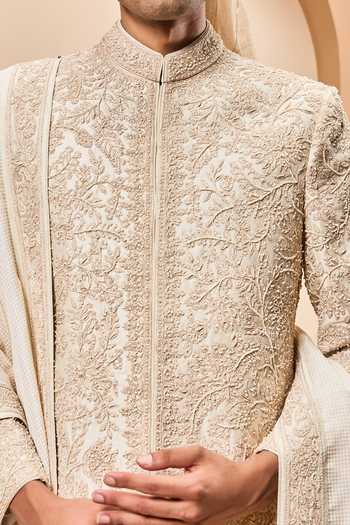 Sarab Khanijou_Ivory Silk Sequins, Pearls, Zari Raw Embroidered Sherwani Set _at_Aza_Fashions