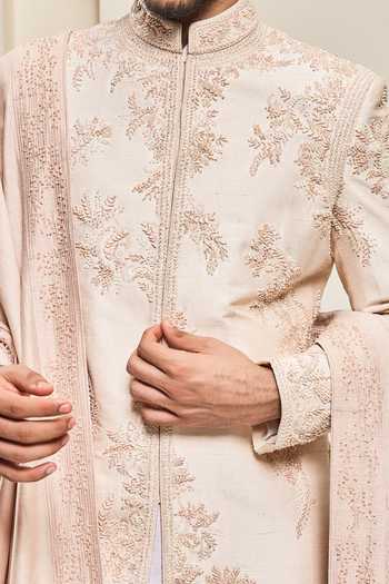 Sarab Khanijou_Pink Silk Sequins, Beads, Pearls, Cut Work Raw Vine Embroidered Sherwani Set _Online_at_Aza_Fashions
