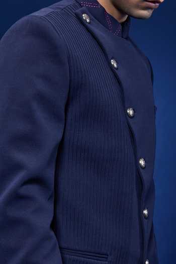Sarab Khanijou_Navy Suiting Bandhgala And Trouser Set _Online_at_Aza_Fashions