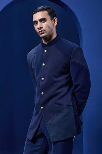 Sarab Khanijou_Navy Suiting Textured Bandhgala And Trouser Set _Online_at_Aza_Fashions