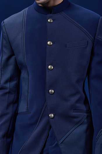 Buy_Sarab Khanijou_Navy Suiting Textured Bandhgala And Trouser Set _Online_at_Aza_Fashions