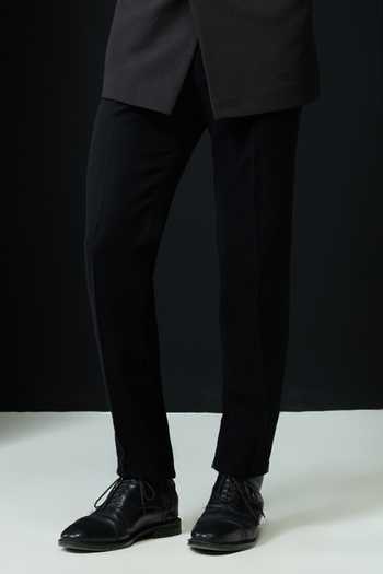 Sarab Khanijou_Black Suiting Asymmetric Buttoned Bandhgala And Trouser Set _Online_at_Aza_Fashions