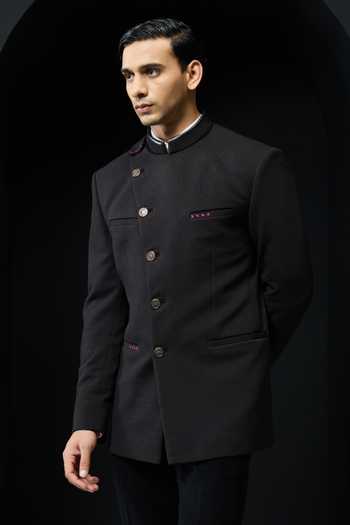 Buy_Sarab Khanijou_Black Suiting Asymmetric Buttoned Bandhgala And Trouser Set _Online_at_Aza_Fashions