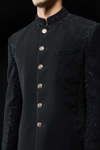 Sarab Khanijou Black Sequins, Pearls Sandwash Bandhgala And Pant Set Online at Aza Fashions Sarab Khanijou_Black Sequins, Pearls Sandwash Bandhgala And Pant Set _Online_at_Aza_Fashions