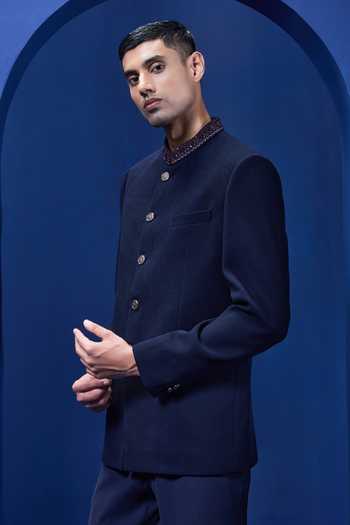 Sarab Khanijou_Navy Suiting Sequins, Cut Work Self Bandhgala And Trouser Set _Online_at_Aza_Fashions