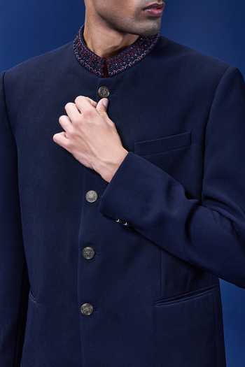 Buy_Sarab Khanijou_Navy Suiting Sequins, Cut Work Self Bandhgala And Trouser Set _Online_at_Aza_Fashions