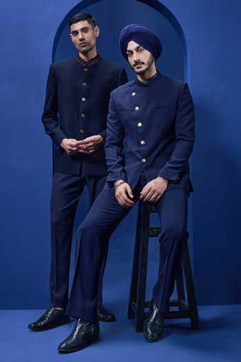 Buy_Sarab Khanijou_Navy Suiting Piping Tailored Bandhgala And Trouser Set _Online_at_Aza_Fashions