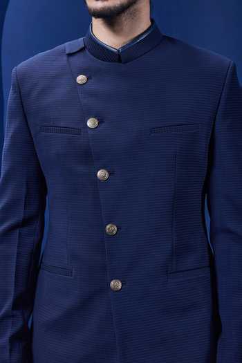 Shop_Sarab Khanijou_Navy Suiting Piping Tailored Bandhgala And Trouser Set _Online_at_Aza_Fashions