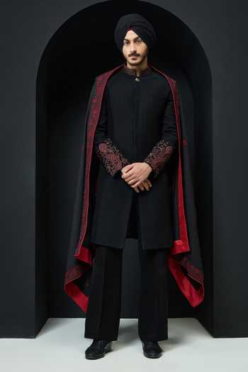 Buy_Sarab Khanijou_Black Embroidery Sandwash Sherwani Jacket Set With Shawl _Online_at_Aza_Fashions
