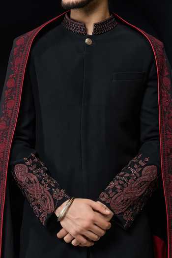 Shop_Sarab Khanijou_Black Embroidery Sandwash Sherwani Jacket Set With Shawl _Online_at_Aza_Fashions