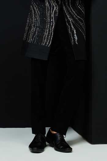 Sarab Khanijou_Black Silk Sequins, Pearls, Zari, Cut Work Raw Sherwani Jacket And Trouser Set _Online_at_Aza_Fashions