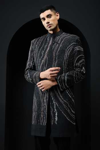 Buy_Sarab Khanijou_Black Silk Sequins, Pearls, Zari, Cut Work Raw Sherwani Jacket And Trouser Set _Online_at_Aza_Fashions