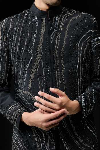 Shop_Sarab Khanijou_Black Silk Sequins, Pearls, Zari, Cut Work Raw Sherwani Jacket And Trouser Set _Online_at_Aza_Fashions
