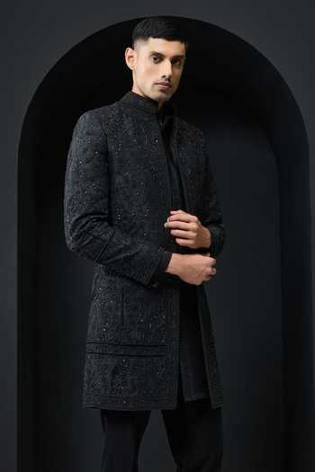 Buy_Sarab Khanijou_Black Silk Embroidery, Sequins, Pearls, Embellished Sherwani Jacket Kurta Set _Online_at_Aza_Fashions