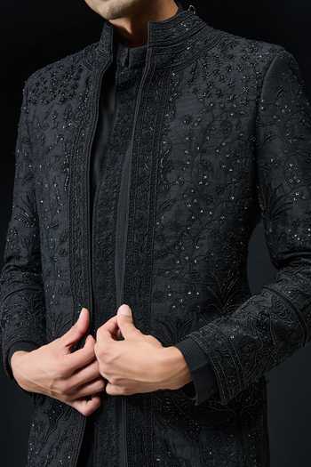 Shop_Sarab Khanijou_Black Silk Embroidery, Sequins, Pearls, Embellished Sherwani Jacket Kurta Set _Online_at_Aza_Fashions