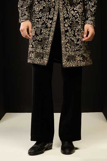 Sarab Khanijou_Black Velvet Embroidery, Sequins, Pearls, Zari, Cut Sherwani Jacket And Pant Set _Online_at_Aza_Fashions