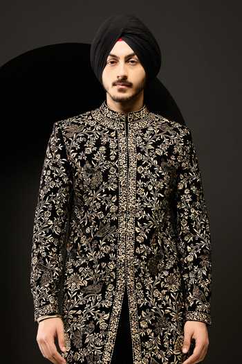 Buy_Sarab Khanijou_Black Velvet Embroidery, Sequins, Pearls, Zari, Cut Sherwani Jacket And Pant Set _Online_at_Aza_Fashions