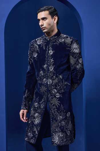 Sarab Khanijou_Navy Velvet Zari, Pearls, Cut Work, Embroidery Floral Sherwani And Pant Set _Online_at_Aza_Fashions