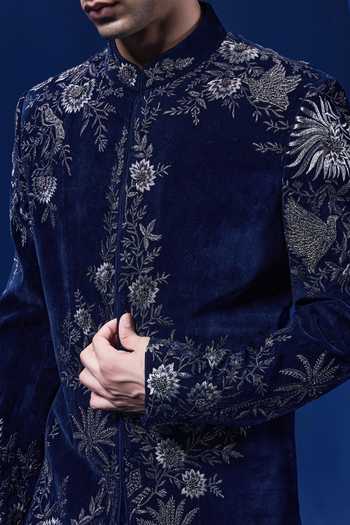 Buy_Sarab Khanijou_Navy Velvet Zari, Pearls, Cut Work, Embroidery Floral Sherwani And Pant Set _Online_at_Aza_Fashions