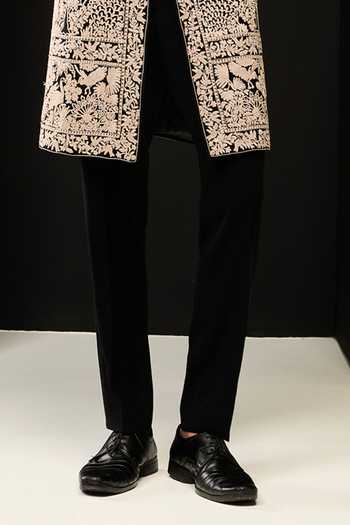 Sarab Khanijou_Black Embroidery Threadwork Sherwani And Pant Set _Online_at_Aza_Fashions