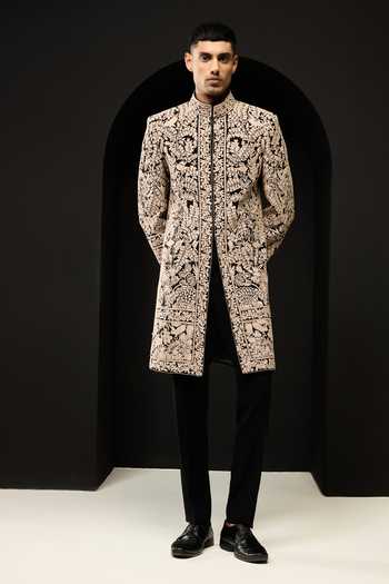 Buy_Sarab Khanijou_Black Embroidery Threadwork Sherwani And Pant Set _Online_at_Aza_Fashions