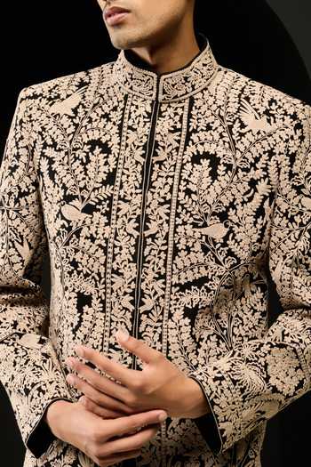 Shop_Sarab Khanijou_Black Embroidery Threadwork Sherwani And Pant Set _Online_at_Aza_Fashions