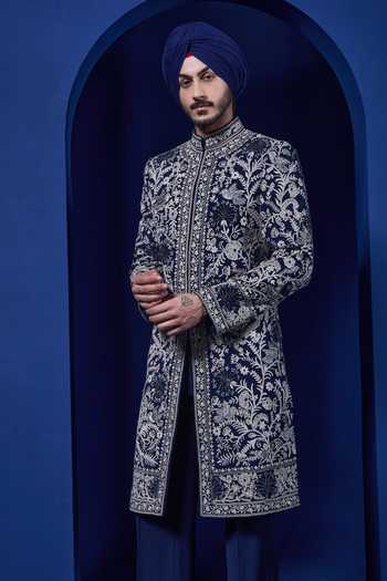 Sarab Khanijou_Navy Embroidery, Sequins, Pearls Sherwani And Pant Set _Online_at_Aza_Fashions