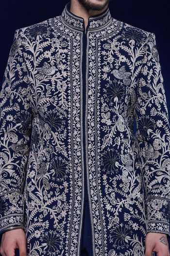 Shop_Sarab Khanijou_Navy Embroidery, Sequins, Pearls Sherwani And Pant Set _Online_at_Aza_Fashions