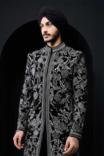 Shop Sarab Khanijou Black Velvet Embroidery Sherwani Jacket And Pant Set Online at Aza Fashions Shop_Sarab Khanijou_Black Velvet Embroidery Sherwani Jacket And Pant Set _Online_at_Aza_Fashions