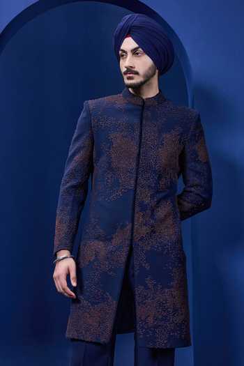 Buy_Sarab Khanijou_Navy Embroidery Sherwani Jacket And Trouser Set _Online_at_Aza_Fashions