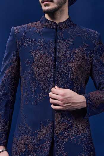 Shop_Sarab Khanijou_Navy Embroidery Sherwani Jacket And Trouser Set _Online_at_Aza_Fashions