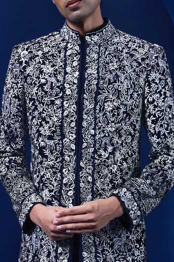 Buy_Sarab Khanijou_Navy Velvet Embroidery, Floral Vine Pattern Sherwani Jacket And Trouser Set _Online_at_Aza_Fashions
