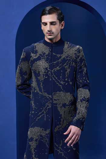 Sarab Khanijou_Navy Sequins, Pearls, Cut Work Embellished Sherwani Jacket And Trouser Set _Online_at_Aza_Fashions