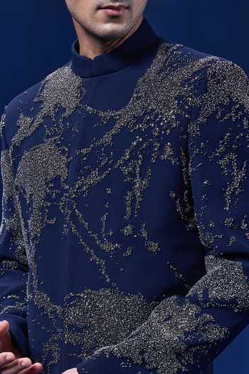 Buy_Sarab Khanijou_Navy Sequins, Pearls, Cut Work Embellished Sherwani Jacket And Trouser Set _Online_at_Aza_Fashions