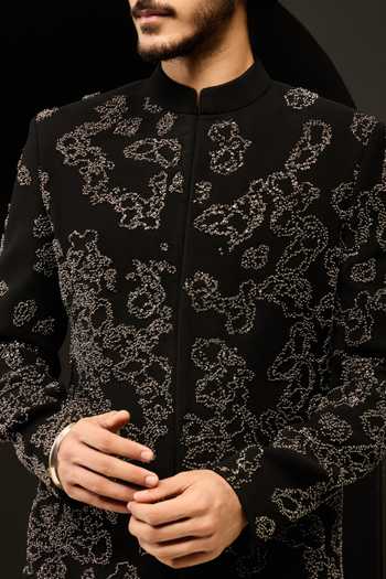 Shop Sarab Khanijou Black Sequins, Pearls, Cut Work Embellished Sherwani Jacket And Trouser Set Online at Aza Fashions Shop_Sarab Khanijou_Black Sequins, Pearls, Cut Work Embellished Sherwani Jacket And Trouser Set _Online_at_Aza_Fashions