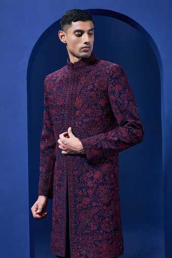 Sarab Khanijou_Navy Sequins, Pearls Embroidered Sherwani And Trouser Set _Online_at_Aza_Fashions