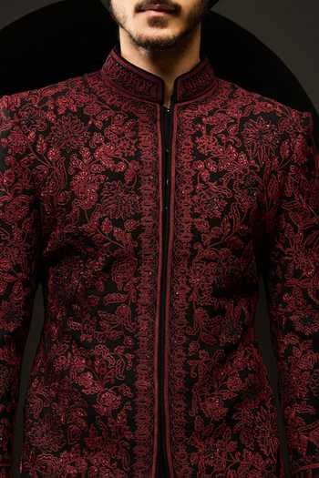 Shop_Sarab Khanijou_Black Sequins, Pearls Embroidered Sherwani And Trouser Set _Online_at_Aza_Fashions