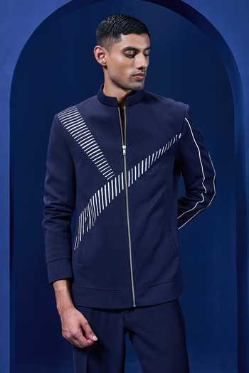 Sarab Khanijou_Navy Suiting, Jersey Applique Geometric Pattern Bandhgala And Pant Set _Online_at_Aza_Fashions