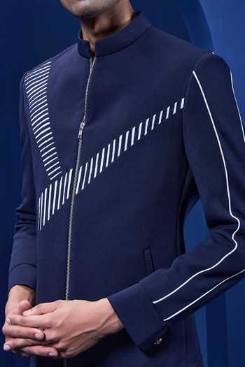 Buy_Sarab Khanijou_Navy Suiting, Jersey Applique Geometric Pattern Bandhgala And Pant Set _Online_at_Aza_Fashions