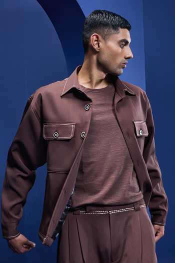 Sarab Khanijou_Brown Crepe Embroidery Horse Jacket Pant Set _Online_at_Aza_Fashions