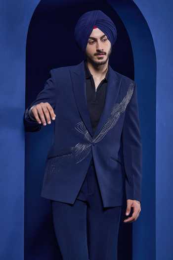 Buy_Sarab Khanijou_Silver Twill Zari Placed Embellished Blazer And Pant Set _Online_at_Aza_Fashions