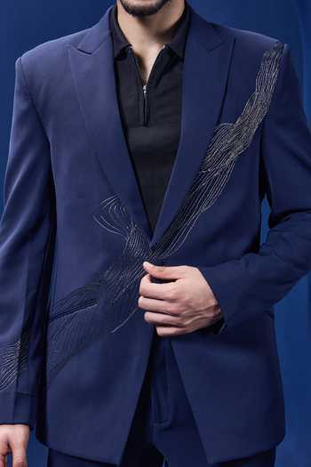 Shop_Sarab Khanijou_Silver Twill Zari Placed Embellished Blazer And Pant Set _Online_at_Aza_Fashions
